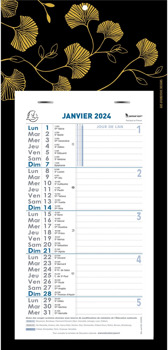 Calendrier Mensuel Ginkgo Sur Plaque 16 X 33 Cm 2024 Exacompta Manutan Fr