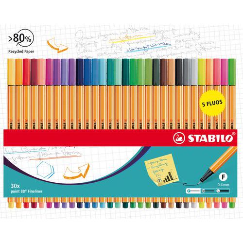 Etui de 30 stylos feutres point 88 dont 5 fluo - Stabilo