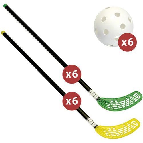 Matériel de unihockey Fiber Unihoc + lot de 12 crosses et 6 balles