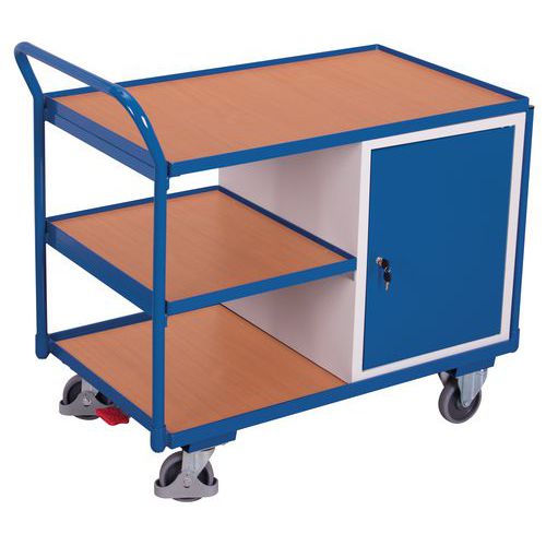 Chariot ergonomique 3 plateaux bois et bloc-coffre - Capacité 250 Kg