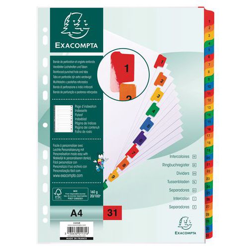 Intercalaires numériques Exacompta - Carte Blanche 160 g - A4