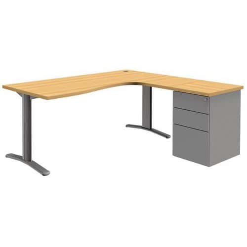 Bureau compact Pure avec caisson - Hêtre/ aluminium - Piétements fixes