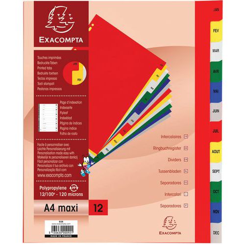 Intercalaires mensuel pp couleurs 12/100e - 12 positions A4+