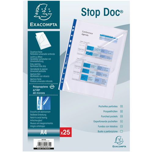 Sachet de 25 pochettes perforées stop doc ouverture coin A4