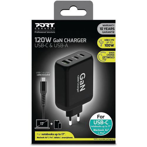 Chargeur secteur 120W Type C avec câble inclus - Port Connect