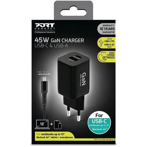 Chargeur secteur 45W Type C avec câble inclus - Port Connect