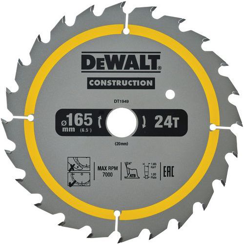 Lame scie circulaire Carbure Construction Ø165x20mm - Dewalt