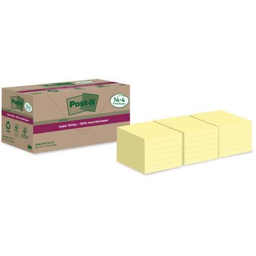 Notes Super Sticky Recyclées 76x76 mm 14 + 4 blocs jaune