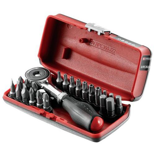 Coffret porte-embouts à cliquet 1/4 manche rotatif + 22 embouts de vissage - Facom