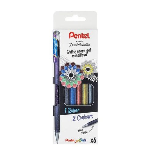 Pochette 6 stylos roller gel encre métallisé - Pentel