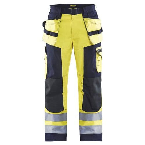 Pantalon artisan multinormes jaune/marine, poche jambe avec rabat