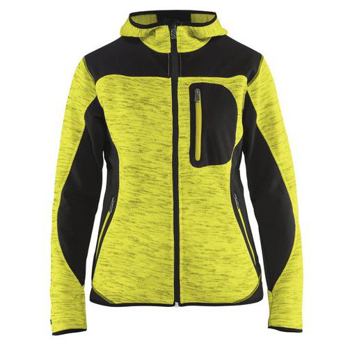 Veste tricotée à capuche femme jaune fluorescent/noir