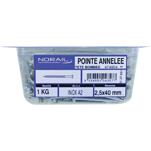 Pointe annélée tête plate bombée inox A2 - Norail