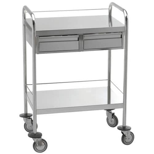 Guéridon de soins inox 2 plateaux  2 tiroirs 750 x 500 mm