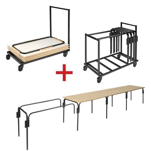 Pack réunion 10 tables 120x80 cm Infini plateau hêtre + 2 chariots de stockage