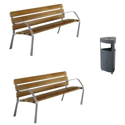 Pack 2 bancs bois/fonte 180 cm accoudoirs + 1 poubelle Star 60L