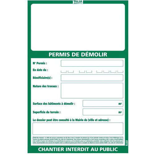 Panneau Permis de Démolir - Taliaplast