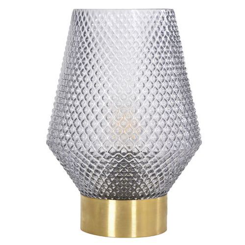 Lampe base ronde en métal finition laiton. Abat-jour en verre fumé