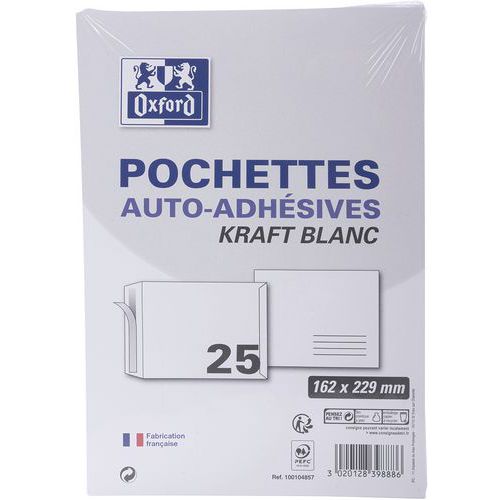 Pochettes 162x229 90g kraft blanc auto adhésives - Oxford