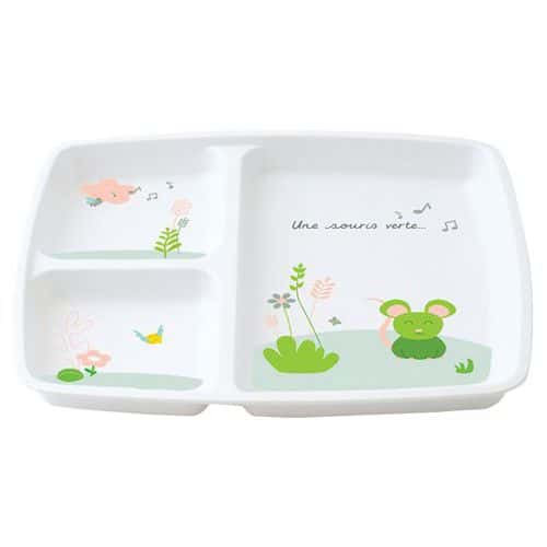 Lot de 6 plateaux baby 3 compartiments 25 x 21 cm mélamine souris verte Plastorex